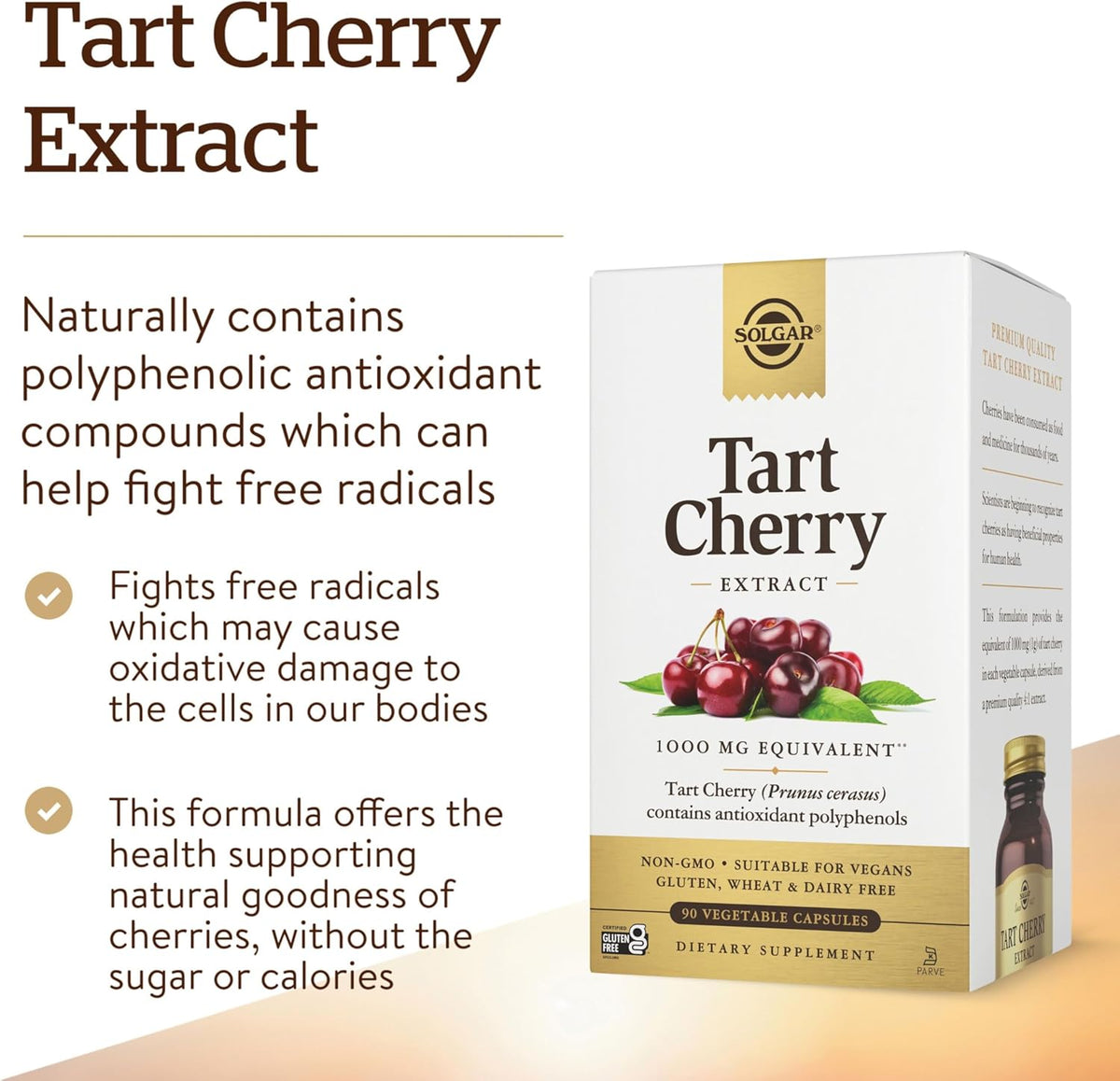 Solgar Tart Cherry 1000 mg, 90 Vegetable Capsules - Antioxidant with Quercetin, Chlorogenic Acid &amp; Anthocyanins Compounds - Non-GMO, Vegan, Gluten Free, Dairy Free - 90 Servings