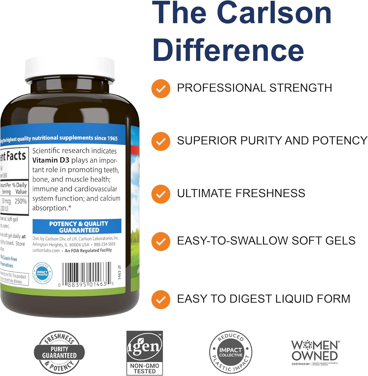 Carlson - Vitamin D3, 2000 IU (50 mcg), Bone &amp; Immune Health, Vitamin D Supplements, Cholecalciferol Supplement, Gluten Free Vitamin D Capsules, 360 Softgels