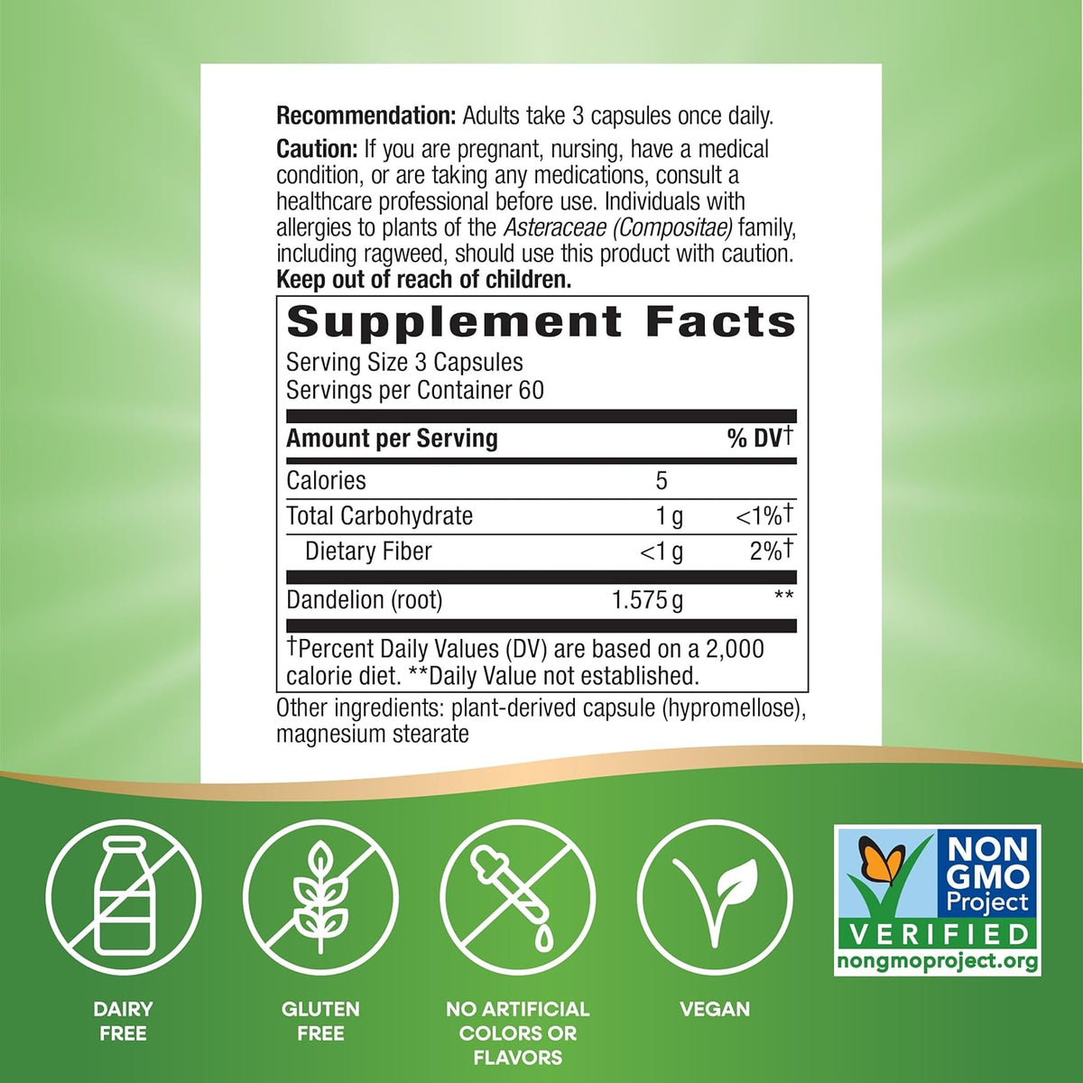 Nature's Way Dandelion Root, Traditional Diuretic Herb*, Traditionally used to Soothe Digestive Upset*, Vegan, 180 Capsules