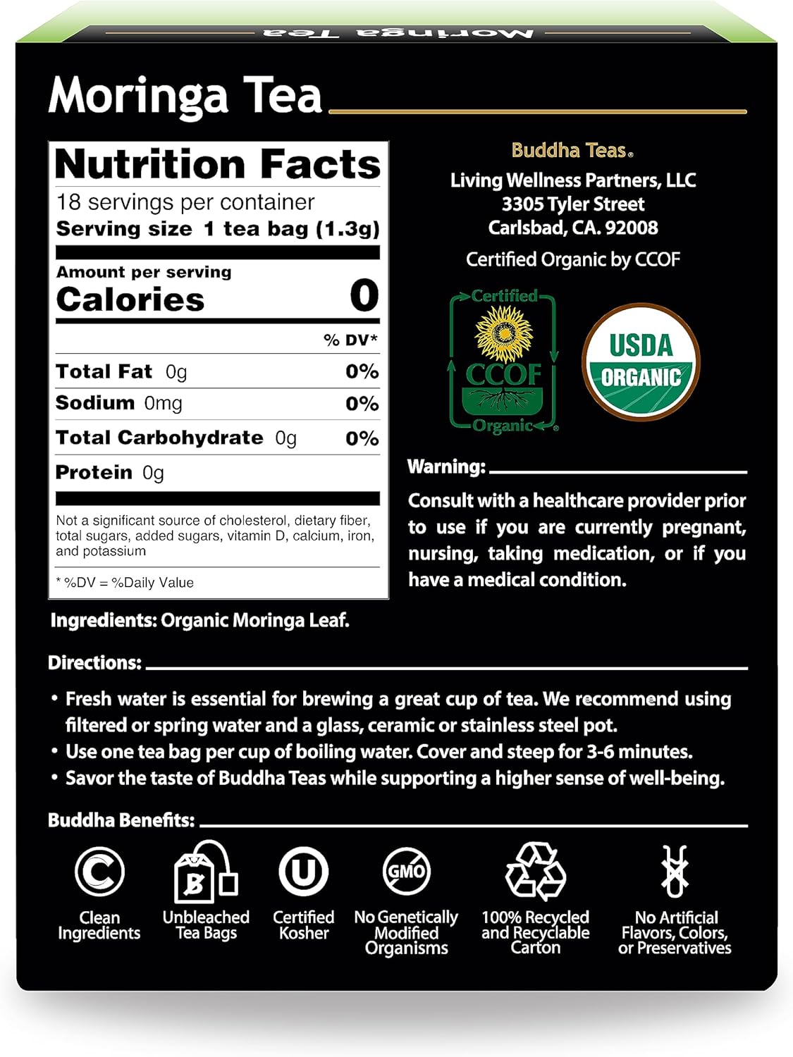 Organic Moringa Oleifera Tea - Kosher, Caffeine Free, GMO-Free, Bleach Free Tea Bags, 18Count