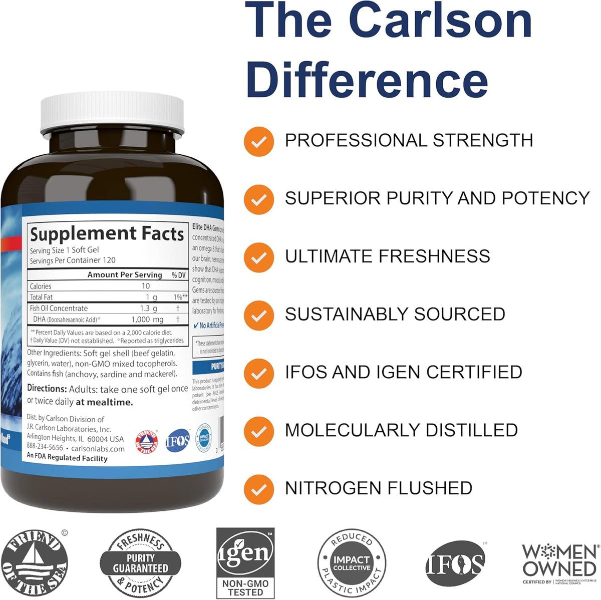 Carlson - Elite DHA Gems, 1000 mg DHA, Wild Caught, Sustainably Sourced, Brain Function &amp; Healthy Vision, 120 Softgels