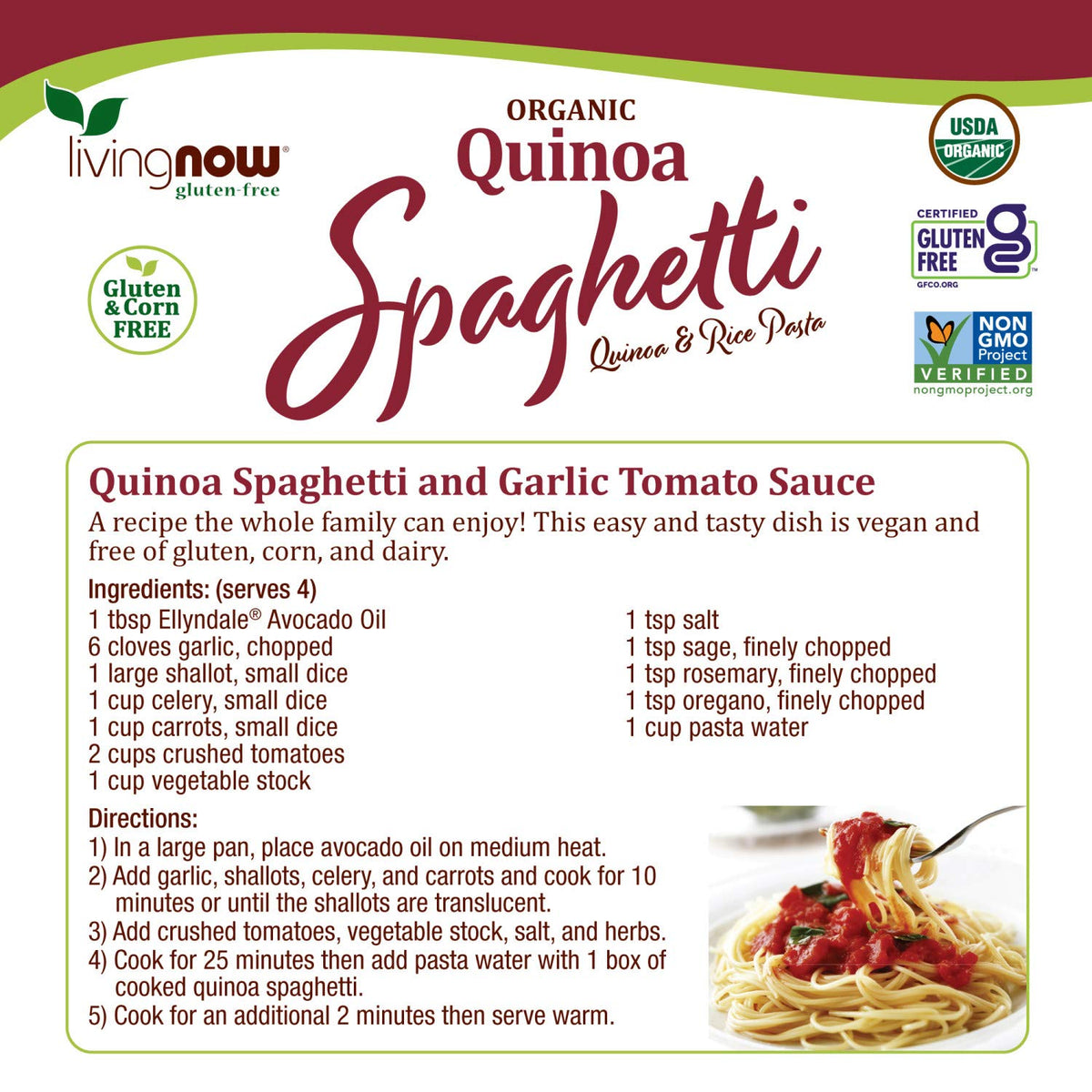 NOW Foods, Organic Quinoa Spaghetti, Gluten-Free, Corn-Free, Non-GMO, Quinoa and Rice Pasta, 8-Ounce