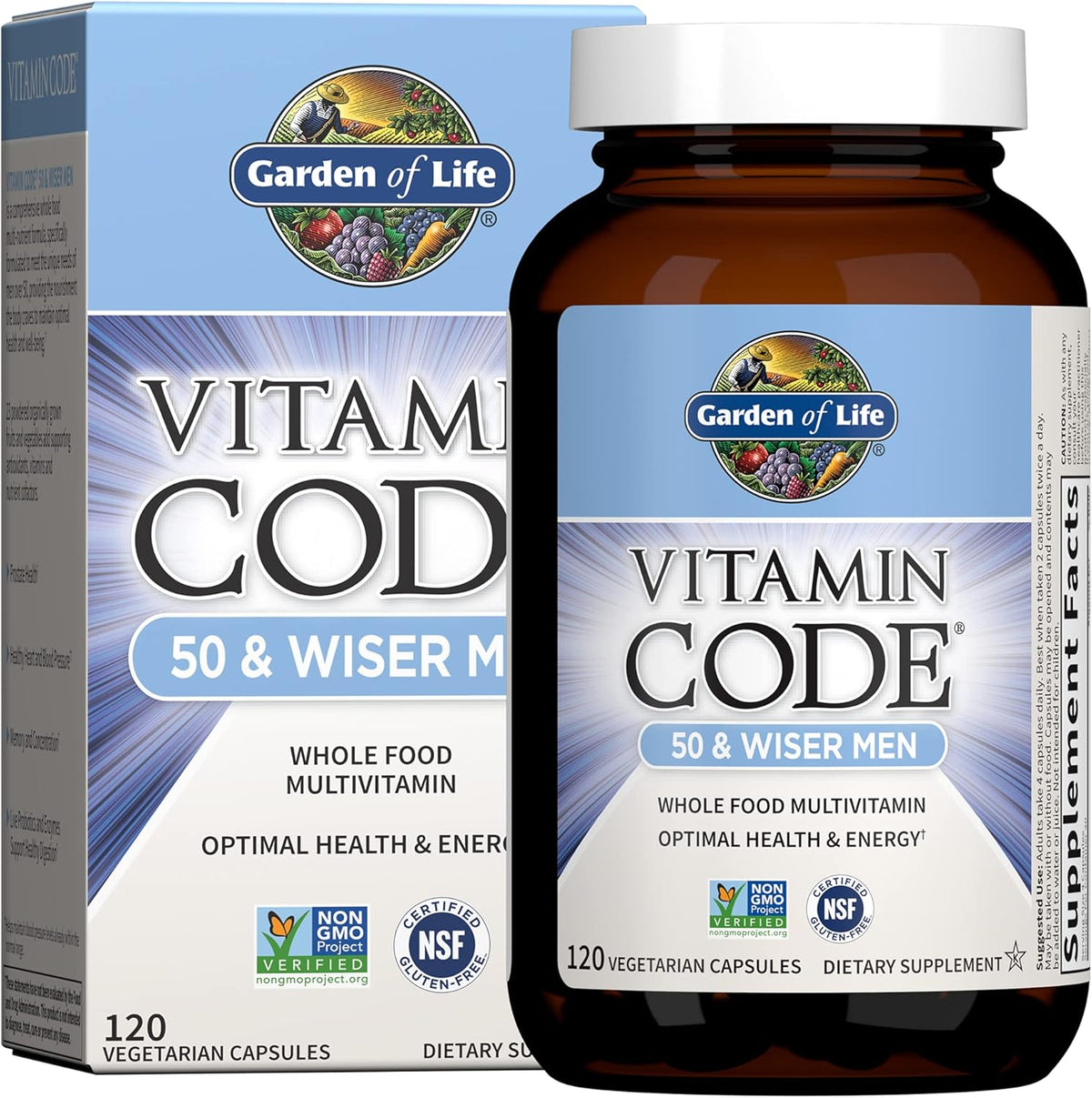 Garden of Life Multivitamin for Men, Vitamin Code 50 &amp; Wiser Men&#39;s Raw Whole Food Vitamin Supplement with Probiotics, Vegetarian, 120 Capsules
