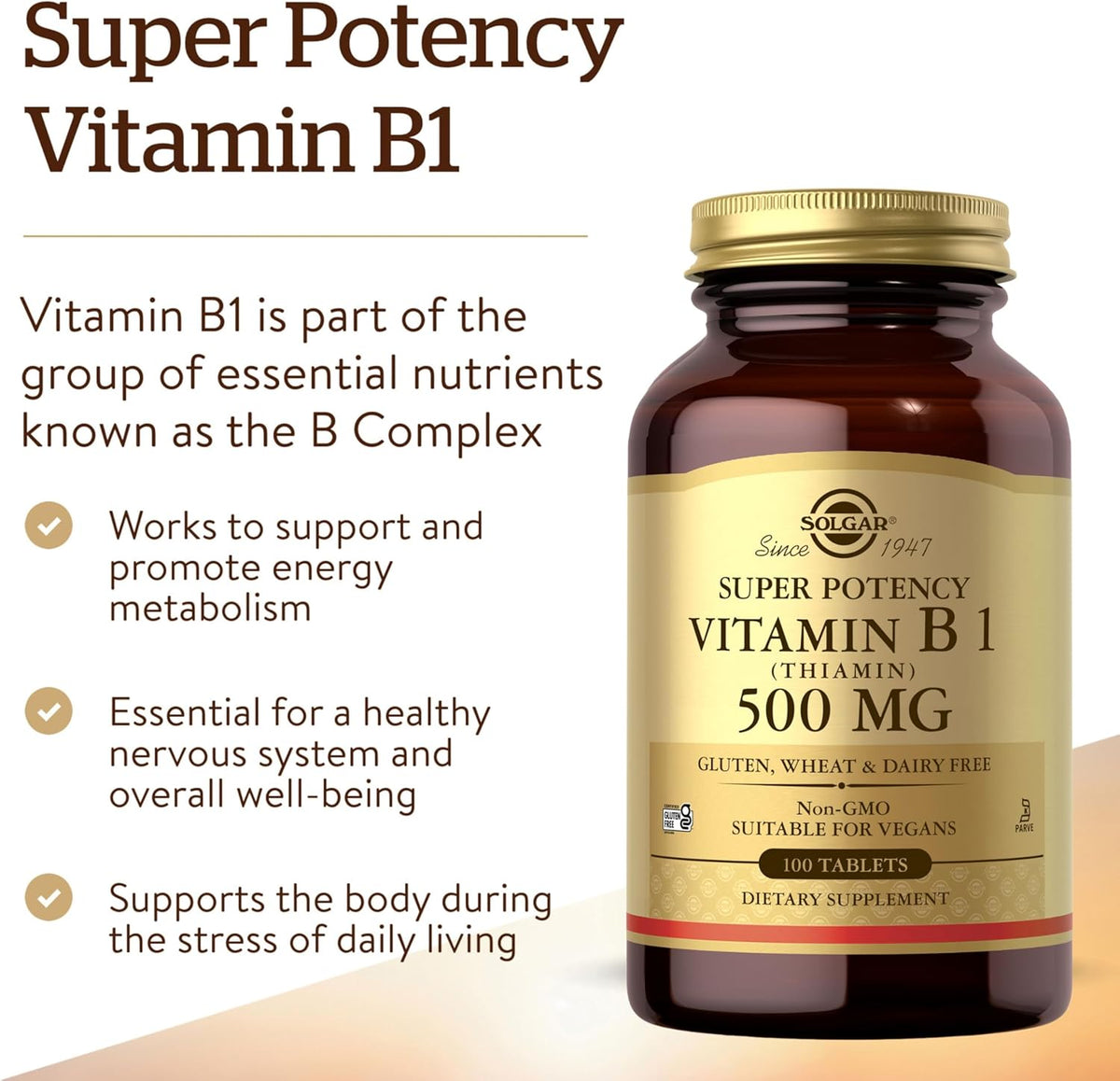 Solgar Vitamin B1 (Thiamin) 500 mg, 100 Tablets - Energy Metabolism, Healthy Nervous System, Overall Well-Being - Super Potency - Non-GMO, Vegan, Gluten Free, Dairy Free - 100 Servings