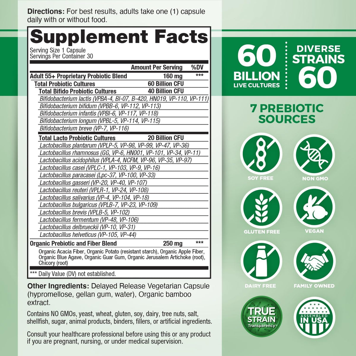 Vital Planet - Vital Flora Adults Over 50 Daily Probiotic 60 Billion CFU, 60 Diverse Strains, 7 Organic Prebiotics, Immune Support, Gas, Digestive Health Probiotics for Women and Men, 30 Capsules