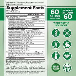 Vital Planet - Vital Flora Adults Over 50 Daily Probiotic 60 Billion CFU, 60 Diverse Strains, 7 Organic Prebiotics, Immune Support, Gas, Digestive Health Probiotics for Women and Men, 30 Capsules