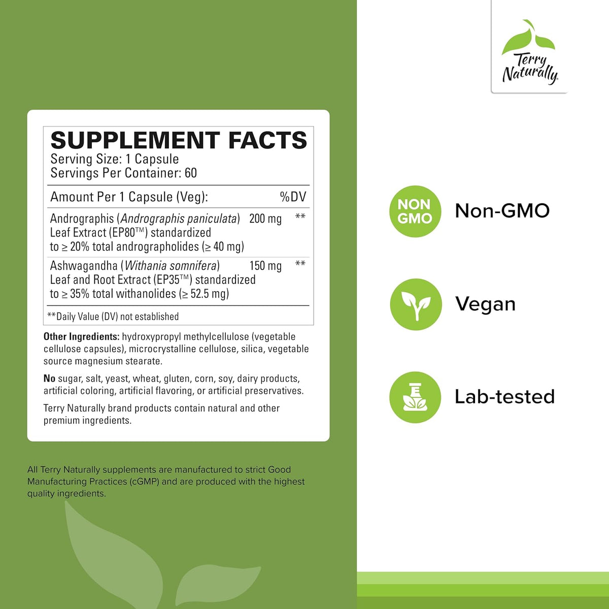 Terry Naturally Andrographis and Ashwagandha - Immune System Support Supplement - Support Energy &amp; Healthy Stress Response - Energy Support Supplement - 60 Capsules