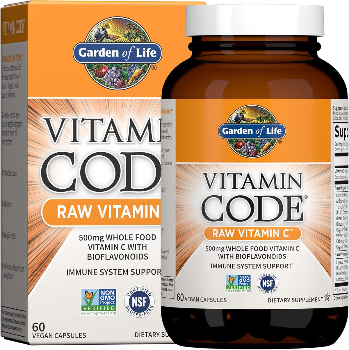 Garden of Life Whole Food Vitamin C Code Raw Capsules, 500mg, Fruit &amp; Veggie Blend, Probiotics Supplements for Adults, Vegan, Gluten Free, Orange, 60 Count