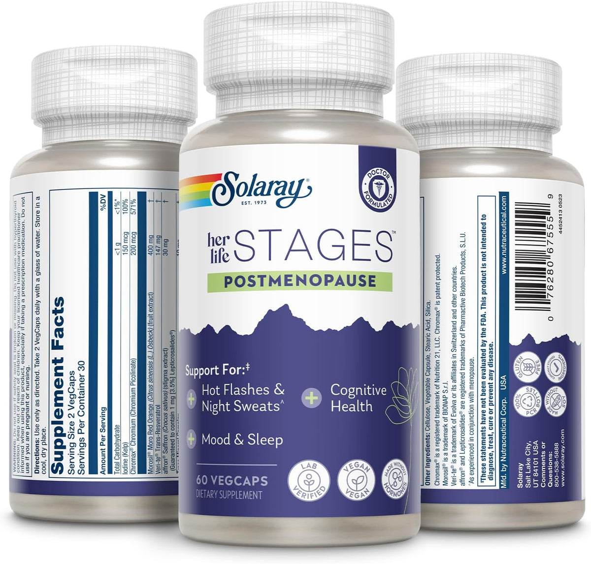 SOLARAY Postmenopause her Life Stages - Post Menopause Supplements for Women with Resveratrol - Vegan and Made Without Hormones - 60-Day Guarantee - Vegan, Lab Verified - 30 Servings, 60 VegCaps