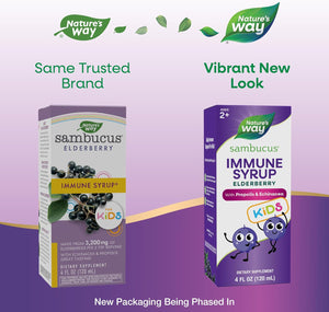 Nature's Way Sambucus Elderberry Immune Syrup for Kids Ages 2+, with Echinacea & Propolis, Immune Support Syrup*, Vegetarian, Berry Flavored, 4 Fl Oz