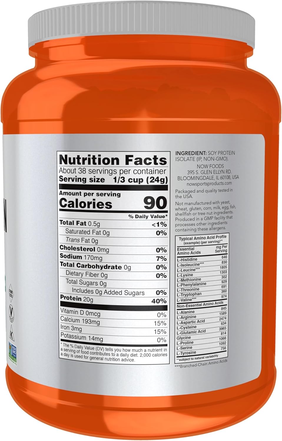 NOW Foods Sports Nutrition, Soy Protein Isolate 20 g, 0 Carbs, Unflavored Powder, 2-Pound