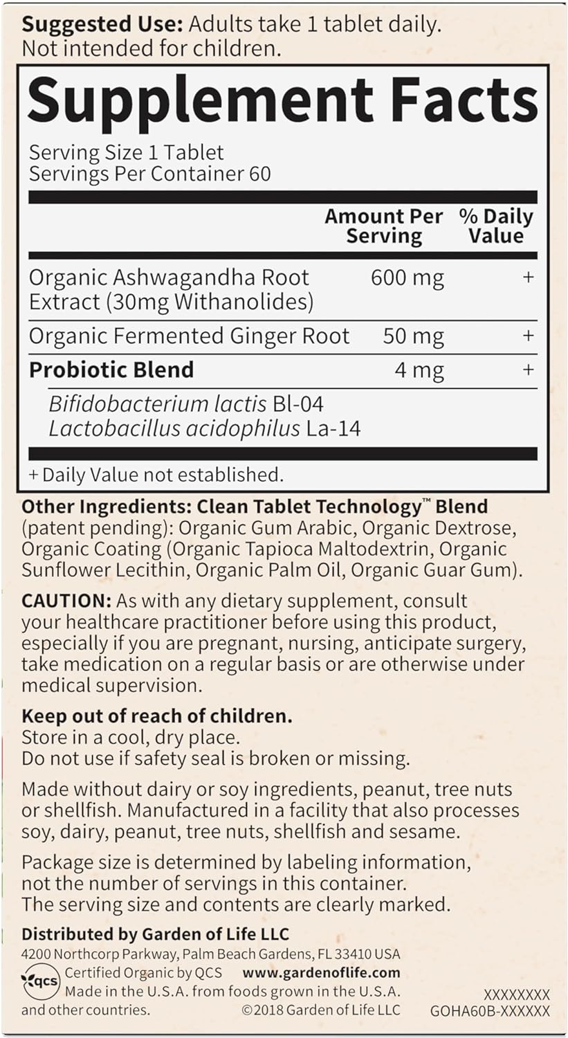 Garden of Life Organic Ashwagandha Supplement with Probiotics &amp; Ginger - Stress, Mood &amp; Energy Support, Vegan, Gluten Free, Non GMO, 2 Month Supply, 60 Tablets