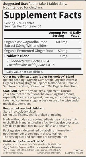 Garden of Life Organic Ashwagandha Supplement with Probiotics & Ginger - Stress, Mood & Energy Support, Vegan, Gluten Free, Non GMO, 2 Month Supply, 60 Tablets