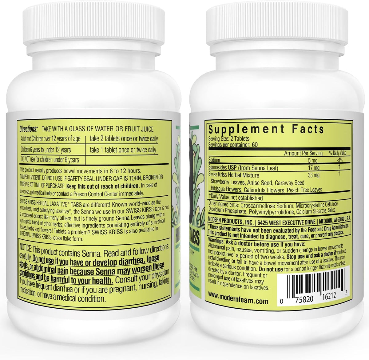 Swiss Kriss Herbal Laxative Tablets, Gentle &amp; Natural Laxatives for Constipation Relief for Adults &amp; Children Over Age 6, Works in 6-12 Hours, Senna Laxative, 120 Tablets Total