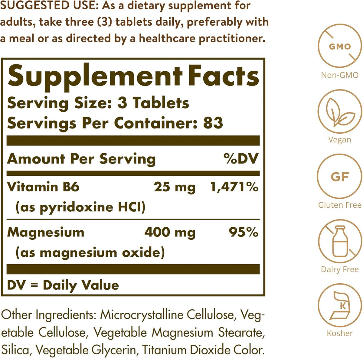 Solgar Magnesium with Vitamin B6, 250 Tablets - Promote Healthy Bone Mineralization, Support Nerve &amp; Muscle Function, Energy Metabolism - Non-GMO, Vegan, Gluten Free, Dairy Free, Kosher - 83 Servings