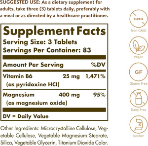 Solgar Magnesium with Vitamin B6, 250 Tablets - Promote Healthy Bone Mineralization, Support Nerve & Muscle Function, Energy Metabolism - Non-GMO, Vegan, Gluten Free, Dairy Free, Kosher - 83 Servings