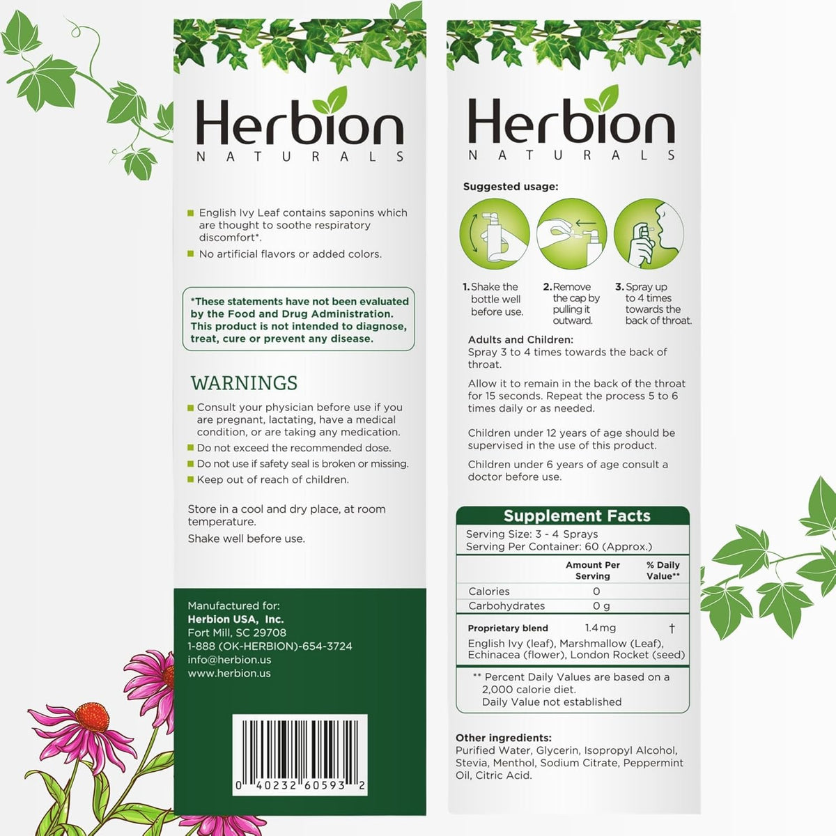 HERBION Naturals Throat Spray, Soothes Respiratory Discomfort with The Power of English Ivy, Marshmallow, and Echinacea extracts for Adults and Children, 2 FL Oz (60 ml)