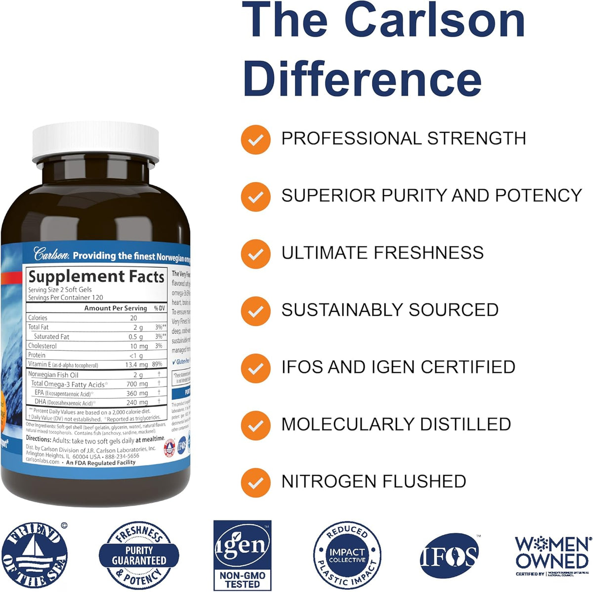 Carlson - The Very Finest Fish Oil, 700 mg Omega-3s, Norwegian, Wild-Caught Fish Oil, Sustainably Sourced Fish Oil Capsules, Orange, 240 Softgels