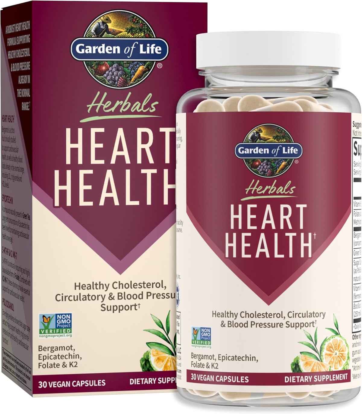Garden of Life Herbals Heart Health Supplement with Folate, Bergamot, Green Tea &amp; Vitamin E &amp; K for Cholesterol, Circulatory &amp; Blood Pressure Support, Non-GMO, Gluten-Free, Citrus Flavor, 30 Servings