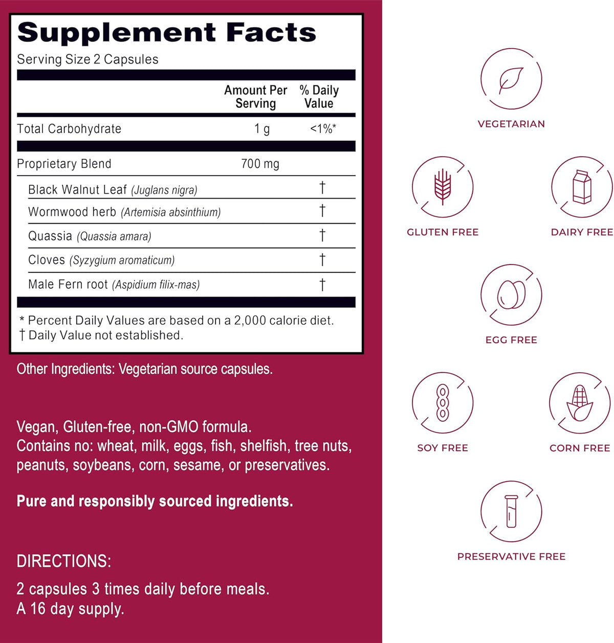 Kroeger Herb Products, Wormwood Herb, Black Walnut, Clove, Quassia, Worm Wood Detox Cleanse - Vegetarian Capsules, Non-GMO, Gluten Free, No Preservatives or Fillers - 100 Capsules, Made in USA