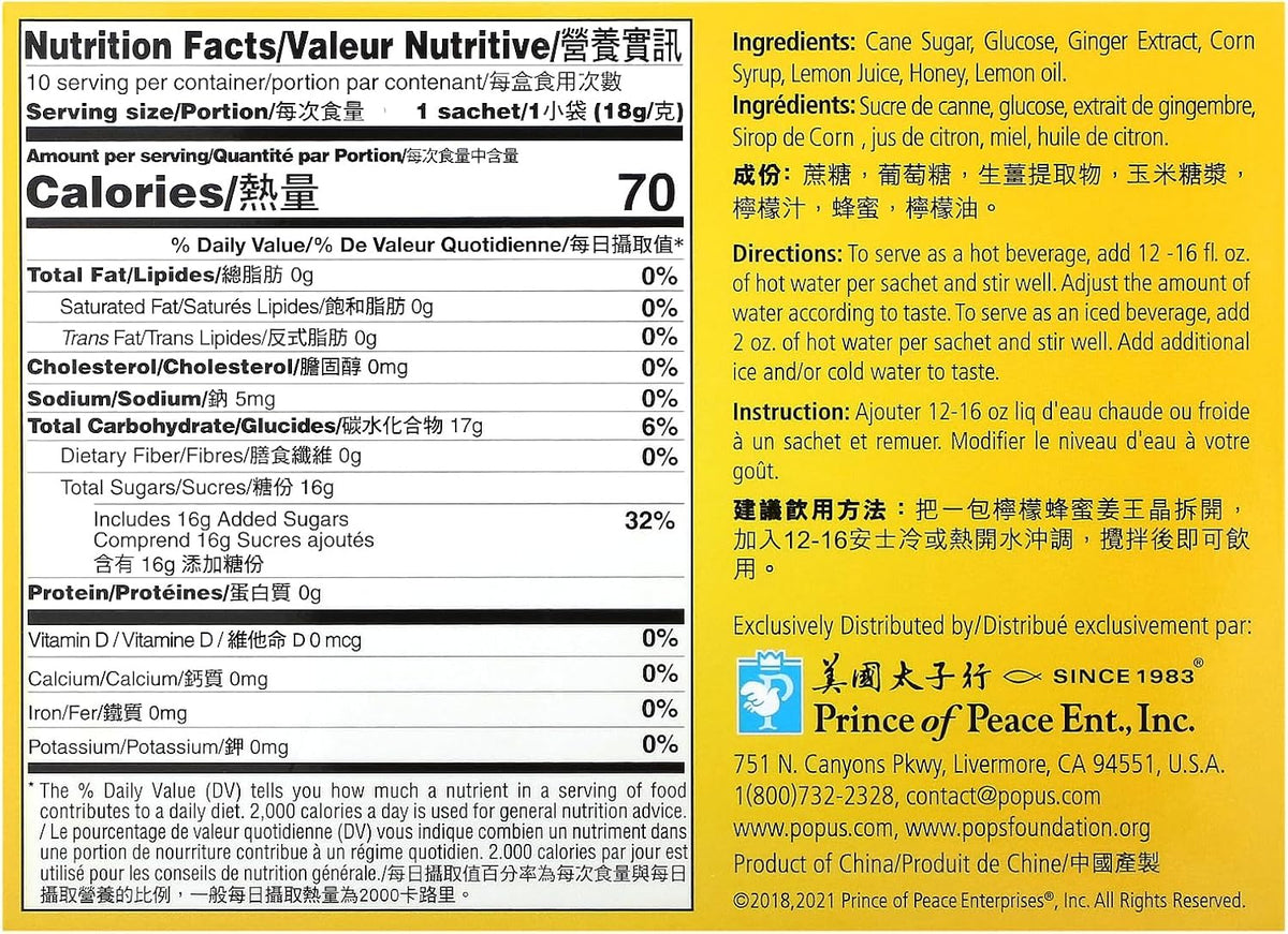 Instant Natural Lemon Ginger Honey Crystals, 10 Sachets – Instant Hot or Cold Beverage for Nausea Relief and Soothes Throat – Easy to Brew Ginger and Honey Crystals