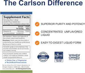 Carlson - Super Daily D3, 6000 IU (150 mcg) per Drop, Liquid Vitamin D3, 1-Year Supply, Non-GMO, Unflavored, 365 Vegetarian Drops (10.3 mL)