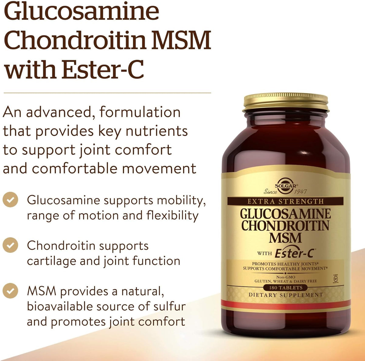 Solgar Extra Strength Glucosamine Chondroitin MSM w/ Ester-C, 180 Tablets - Promotes Healthy Joints, Supports Comfortable Movement &amp; Collagen Formation - Non-GMO, Gluten No, Dairy No - 60 Servings