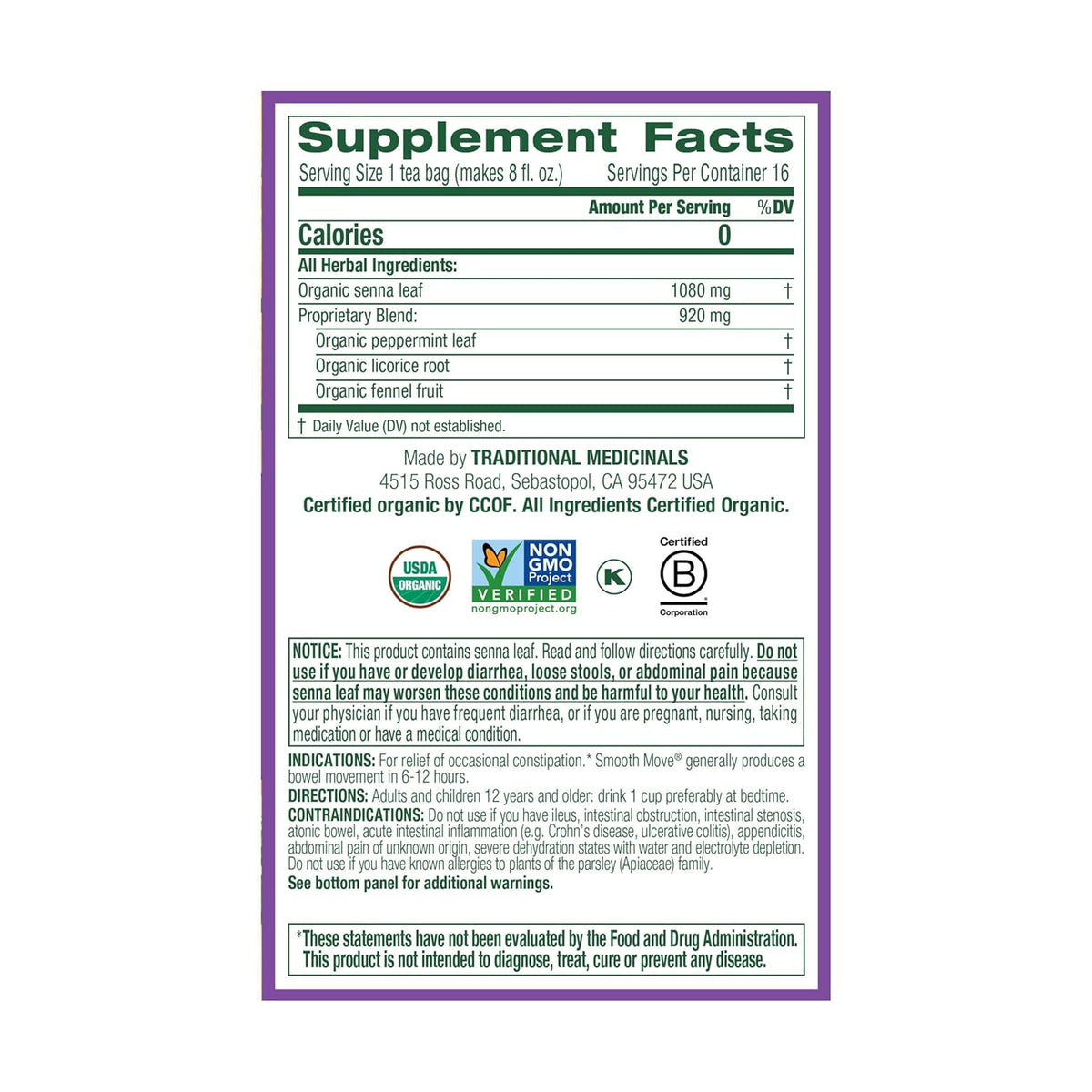 Traditional Medicinals Tea, Organic Smooth Move Peppermint, Relieves Occasional Constipation, Senna, 16 Tea Bags