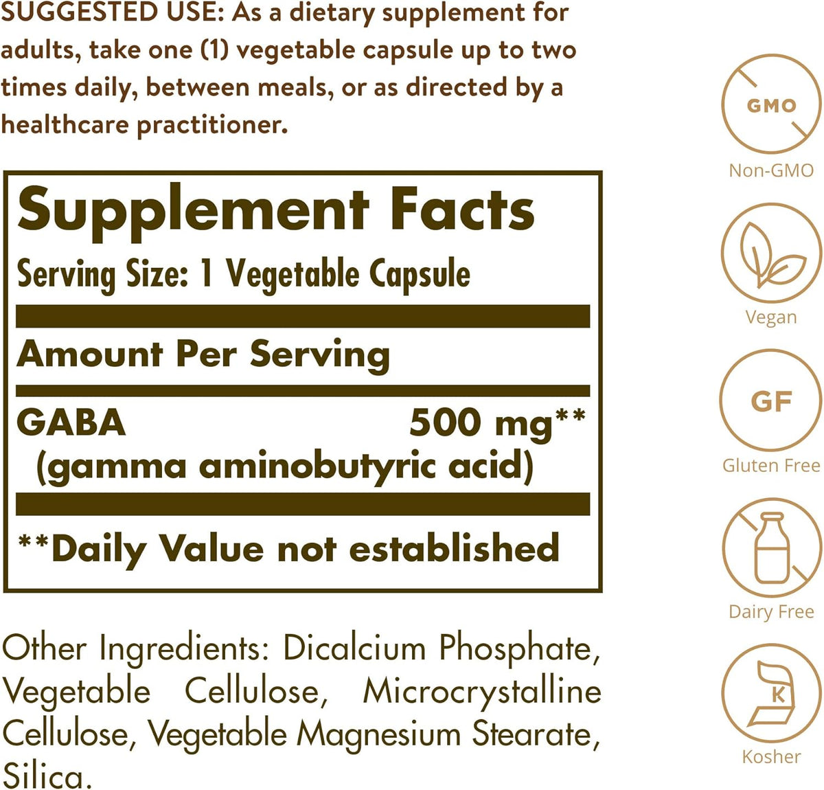 Solgar GABA 500 mg, 100 Vegetable Capsules - Relaxation &amp; Nervous System Support - Amino Acid - Non-GMO, Vegan, Gluten Free, Dairy Free, Kosher - 100 Servings