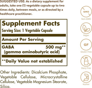 Solgar GABA 500 mg, 100 Vegetable Capsules - Relaxation & Nervous System Support - Amino Acid - Non-GMO, Vegan, Gluten Free, Dairy Free, Kosher - 100 Servings