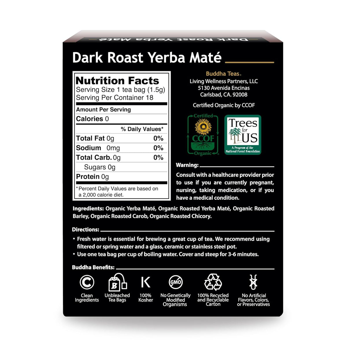 Buddha Teas Organic Dark Roast Yerba Maté - OU Kosher, Caffeine-Free, GMO-Free - 18 Bleach-Free Tea Bags