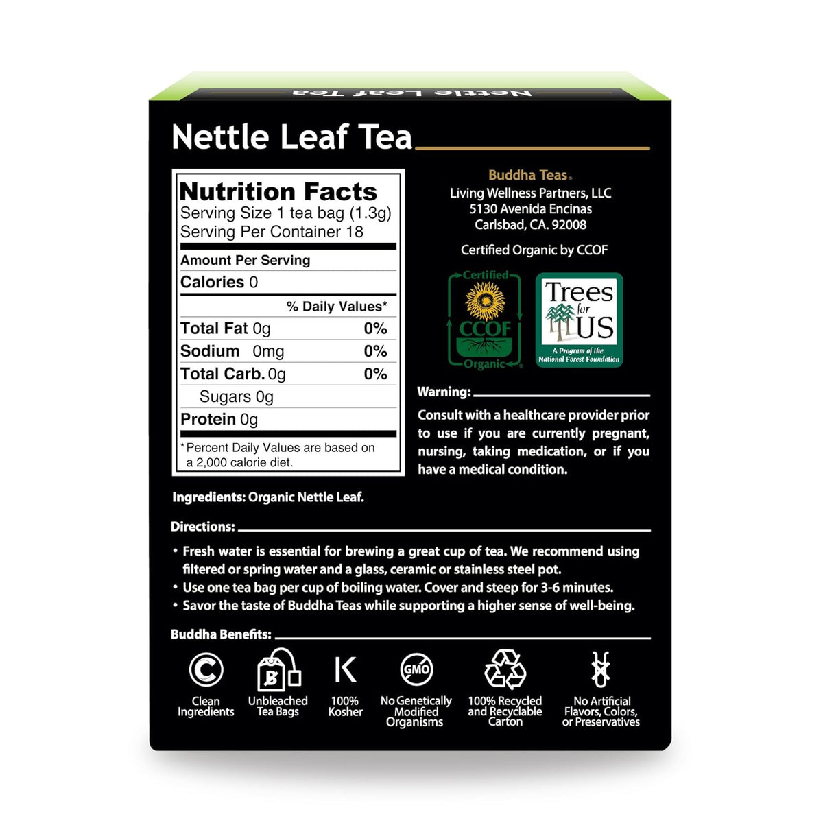 Organic Nettle Leaf Tea - Kosher, Caffeine-Free, GMO-Free - 18 Bleach-Free Tea Bags