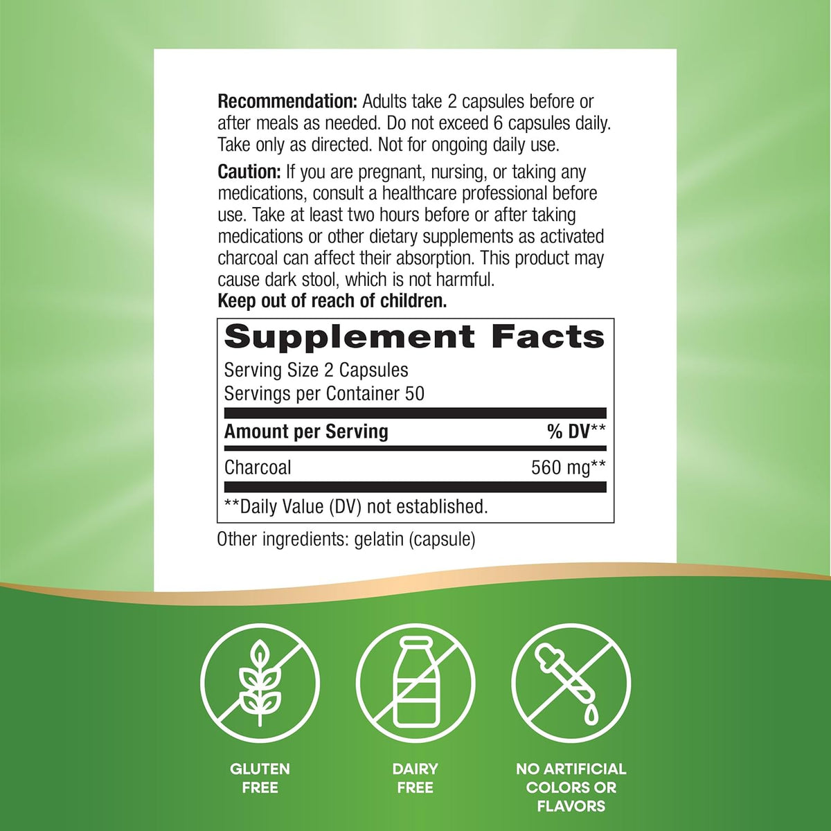 Nature&#39;s Way Activated Charcoal, Binds Unwanted Materials and Gas in the Digestive Tract*, 560 mg per 2-Capsule Serving, 100 Capsules