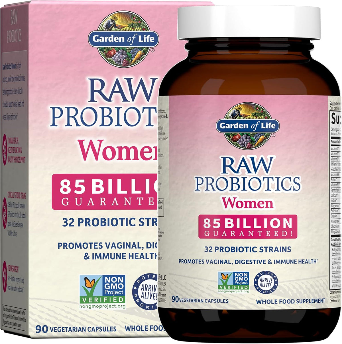 Garden of Life Raw Probiotics for Women - 85 Billion CFU Probiotic for Vaginal Probiotics with Vitamins, Minerals, Enzymes - 90 Capsules, Womens Probiotic Supplement for Digestive and Immune Health