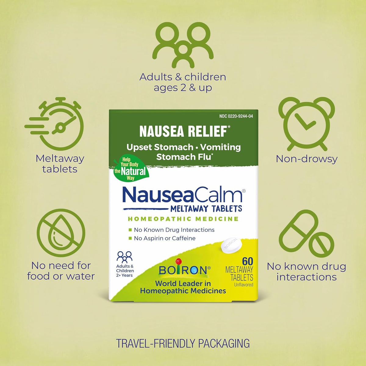 Boiron NauseaCalm Relief for Upset Stomach, Nausea, and Vomiting Due to Stomach Flu, Overindulgence, or Motion Sickness - Non-Drowsy - 60 Count