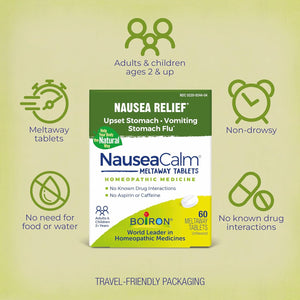 Boiron NauseaCalm Relief for Upset Stomach, Nausea, and Vomiting Due to Stomach Flu, Overindulgence, or Motion Sickness - Non-Drowsy - 60 Count