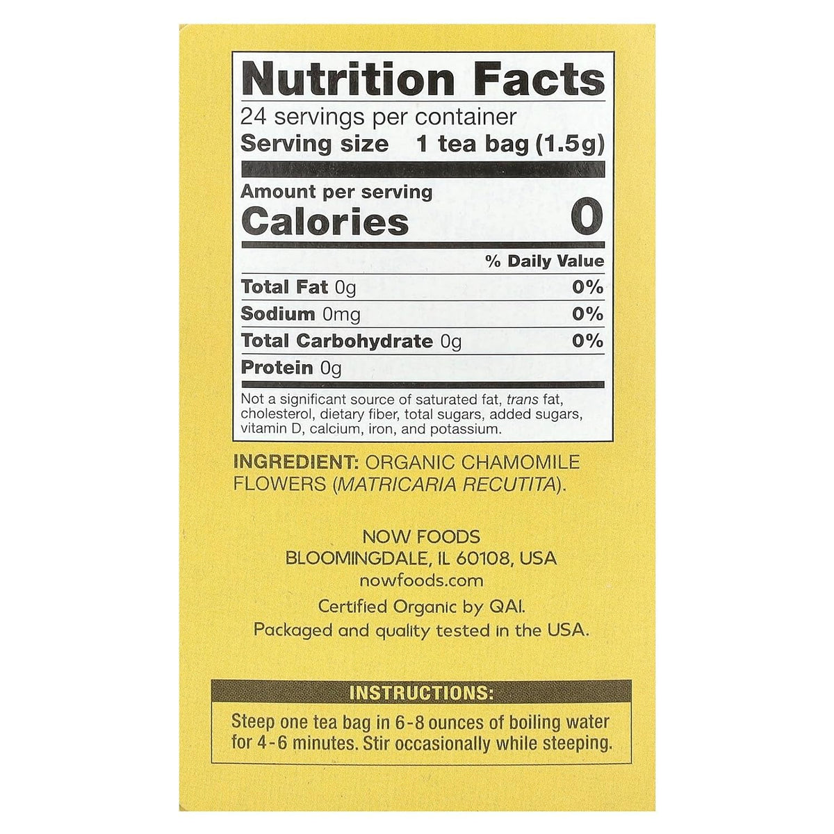 NOW Foods, Chamomile Tea, Comfort in a Cup, Relaxing and Caffeine-Free, Non-GMO, Premium Unbleached Tea Bags with No-Staples Design, 24-Count