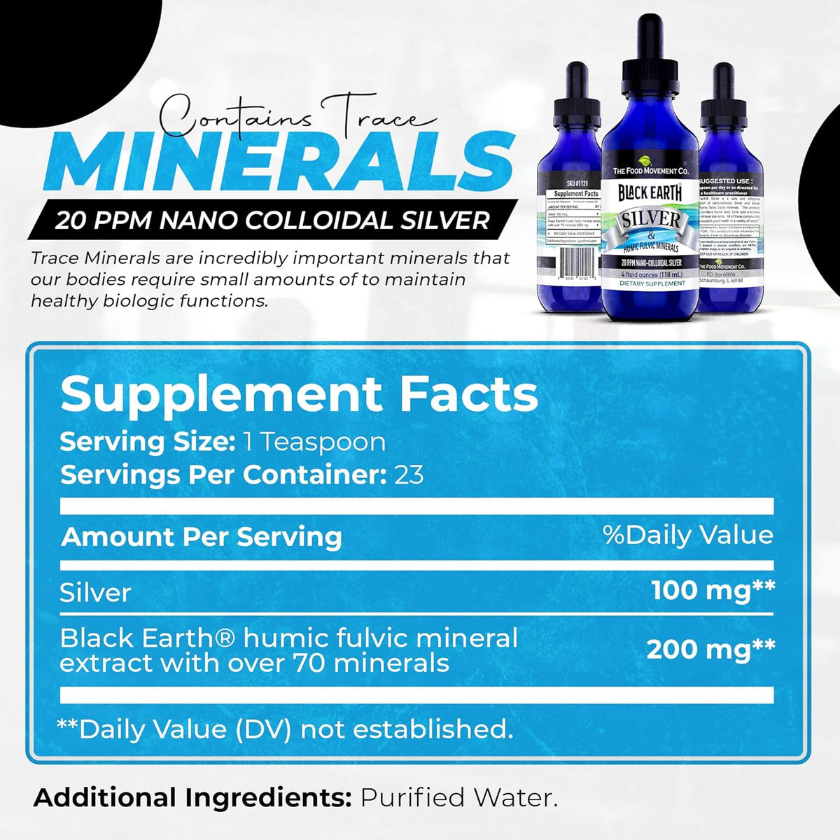 Black Earth Silver 20ppm 4 oz Dropper - Vegan Colloidal Silver Liquid with Humic and Fulvic Acids and Trace Minerals for Digestion, Immune Support, and Whole Body Health