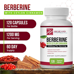 Berberine 1200mg with Ceylon Cinnamon - Berberine HCL and True Cinnamon for Blood Sugar and Metabolic Support - Non-GMO and Vegan Formula - Natural Support for Healthy Lifestyle