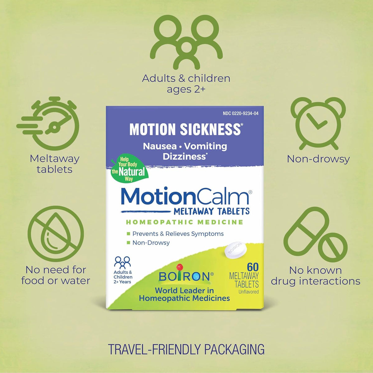 Boiron MotionCalm Relief for Nausea, Vomiting, or Dizziness associated with Motion Sickness Due to Travel, Amusement Rides, and Video Games or VR - Non-Drowsy - 60 Count