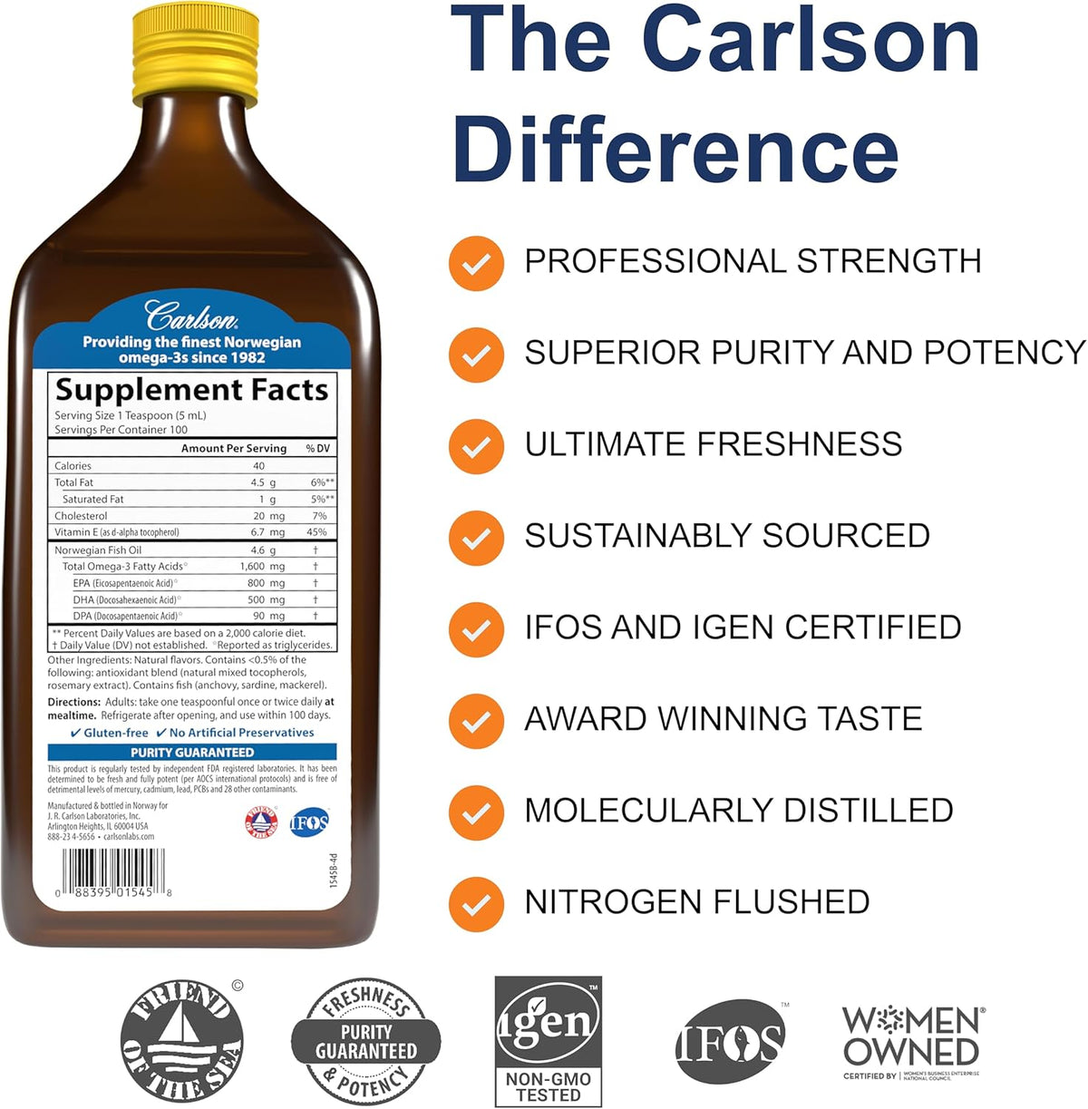 Carlson - The Very Finest Fish Oil, 1600 mg Omega-3s, Liquid Supplement, Norwegian, Wild-Caught, Sustainably Sourced , Lemon, 16.9 Fl Oz