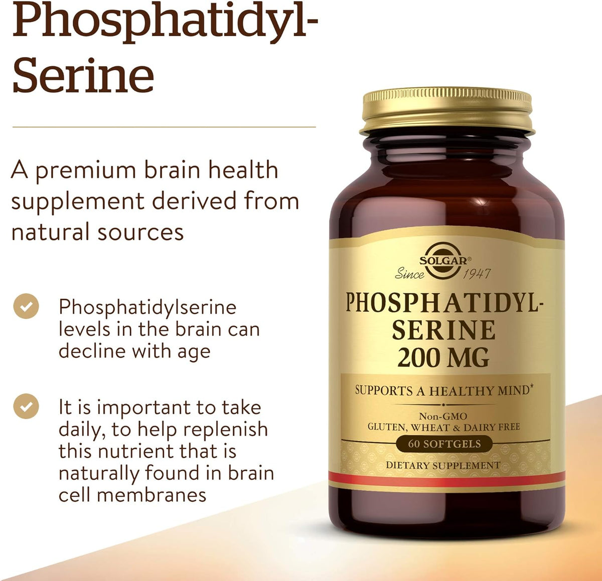 Solgar Phosphatidyl-Serine 200 mg, 60 Softgels - Premium Brain Health Supplement, Supports a Healthy Mind &amp; Cognitive Function - Gluten Free, Dairy Free - 60 Servings