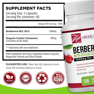 Berberine 1200mg with Ceylon Cinnamon - Berberine HCL and True Cinnamon for Blood Sugar and Metabolic Support - Non-GMO and Vegan Formula - Natural Support for Healthy Lifestyle