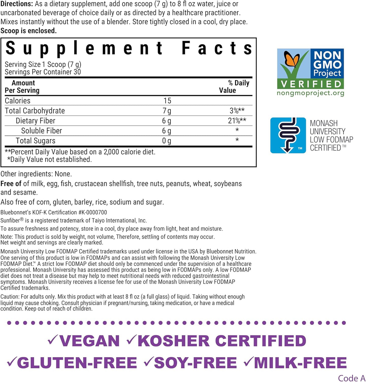 BlueBonnet Nutrition Sunfiber – 6 g of Plant Based Prebiotic Soluble Fiber – Supports Digestive Health* - Instant Dissolve – Non-GMO, Vegan, Kosher, Low-FODMAP – Unflavored, 7.4 OZ, 30 Servings