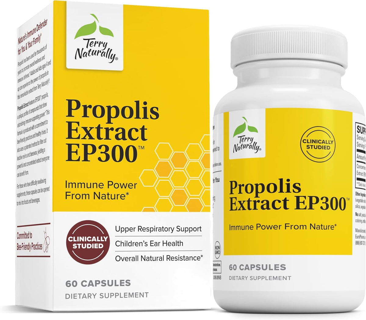 Terry Naturally Propolis Extract EP300 - Upper Respiratory & Immune System Support Supplement - Child & Adult Supplement with Bee Propolis Extract - 60 Capsules