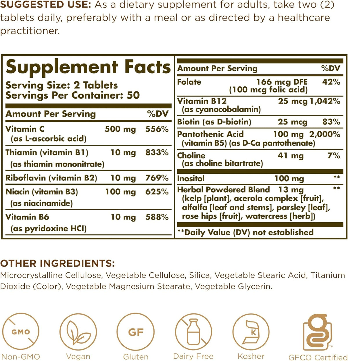 Solgar B-Complex with Vitamin C - 100 Tablets - Non-GMO, Vegan, Kosher &amp; Gluten Free - 50 Servings