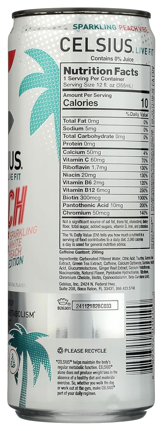CELSIUS Sparkling Peach Vibe, Functional Essential Energy Drink, 12 Fl Oz