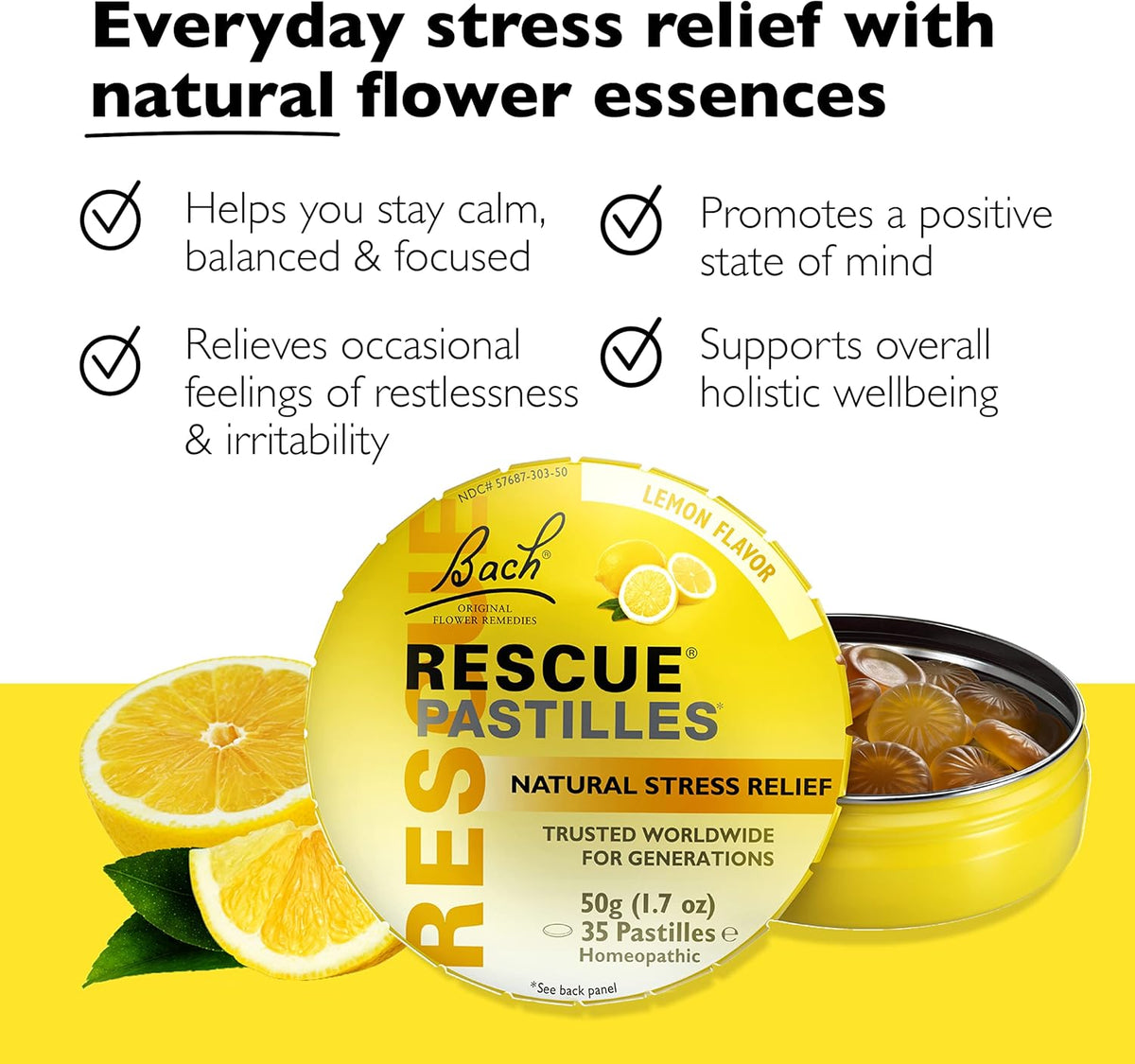 Bach RESCUE PASTILLES, Lemon Flavor, Natural Stress Relief Lozenges, Homeopathic Flower Essence, Vegetarian, Gluten &amp; Sugar-Free, 35 Count
