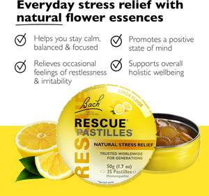 Bach RESCUE PASTILLES, Lemon Flavor, Natural Stress Relief Lozenges, Homeopathic Flower Essence, Vegetarian, Gluten & Sugar-Free, 35 Count