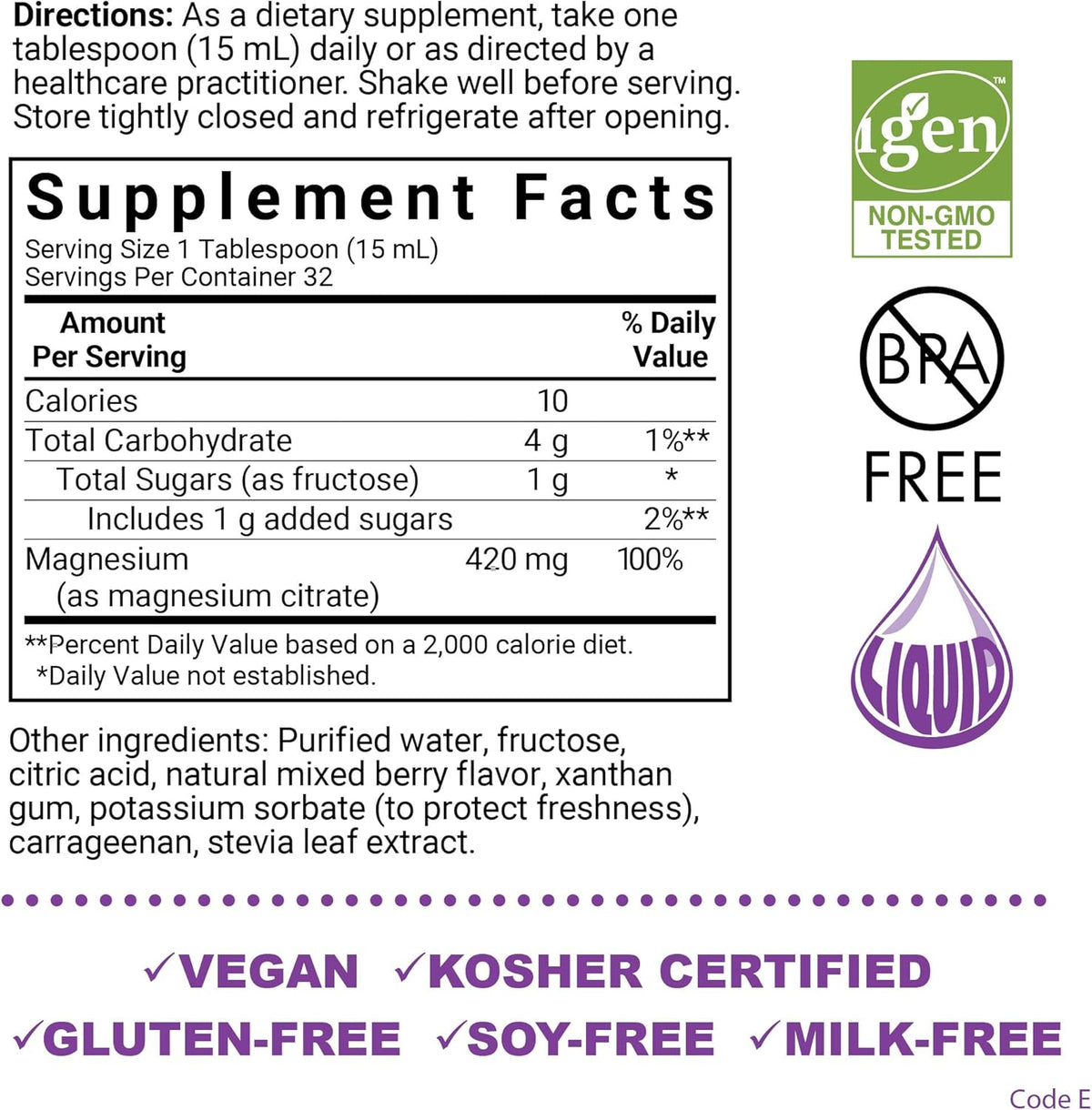 Bluebonnet Nutrition Magnesium Citrate 420 mg - Calm Mind &amp; Body* – Supports Heart, Muscle &amp; Sleep* - Non-GMO, Vegan, Kosher, Gluten-Free, Soy-Free, Milk-Free - 16 FL OZ, Mixed Berry Flavor